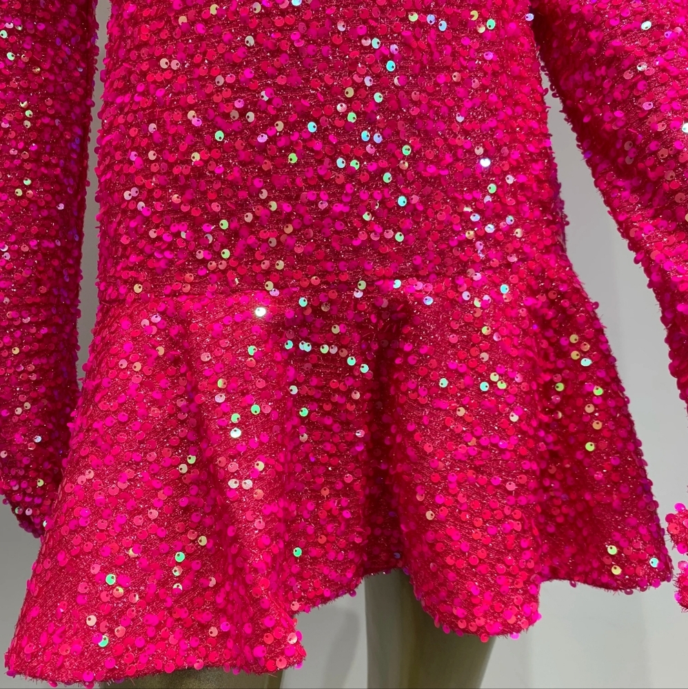 Women Luxury Sexy Long Sleeve Backless Sequins Sparkly Hot Pink - Picture 5 of 8